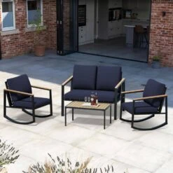 4-Piece Metal Outdoor Navy Patio Conversation Set With Cushions, 2-Rocking Chairs And Coffee Table -More Furniture Store jearey patio conversation sets agsd navy 66 1000