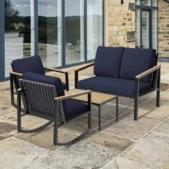 4-Piece Metal Outdoor Navy Patio Conversation Set With Cushions, 2-Rocking Chairs And Coffee Table -More Furniture Store jearey patio conversation sets agsd navy 76 1000