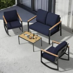 4-Piece Metal Outdoor Navy Patio Conversation Set With Cushions, 2-Rocking Chairs And Coffee Table -More Furniture Store jearey patio conversation sets agsd navy fa 1000