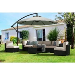 7-Piece Wicker Patio Conversation Set With Khaki Cushions And Pillows, Also Rain Resistant Sofa Cover -More Furniture Store jearey patio conversation sets ke7 khaki 31 1000