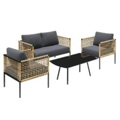 4-Piece Patio Conversation Set, Balcony Bistro Set 2 Outdoor Chairs & 1 Loveseat With Cushions, Coffee Table, Dark Gray -More Furniture Store jearey patio conversation sets swsf4 dr 31 1000