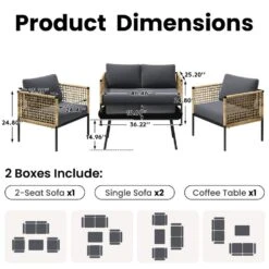 4-Piece Patio Conversation Set, Balcony Bistro Set 2 Outdoor Chairs & 1 Loveseat With Cushions, Coffee Table, Dark Gray -More Furniture Store jearey patio conversation sets swsf4 dr c3 1000