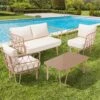 4-Piece Beige Wicker Patio Conversation Set Loveseat With Cushions And Coffee Table