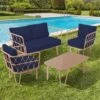 4-Piece Navy Wicker Patio Conversation Set Loveseat With Cushions And Coffee Table