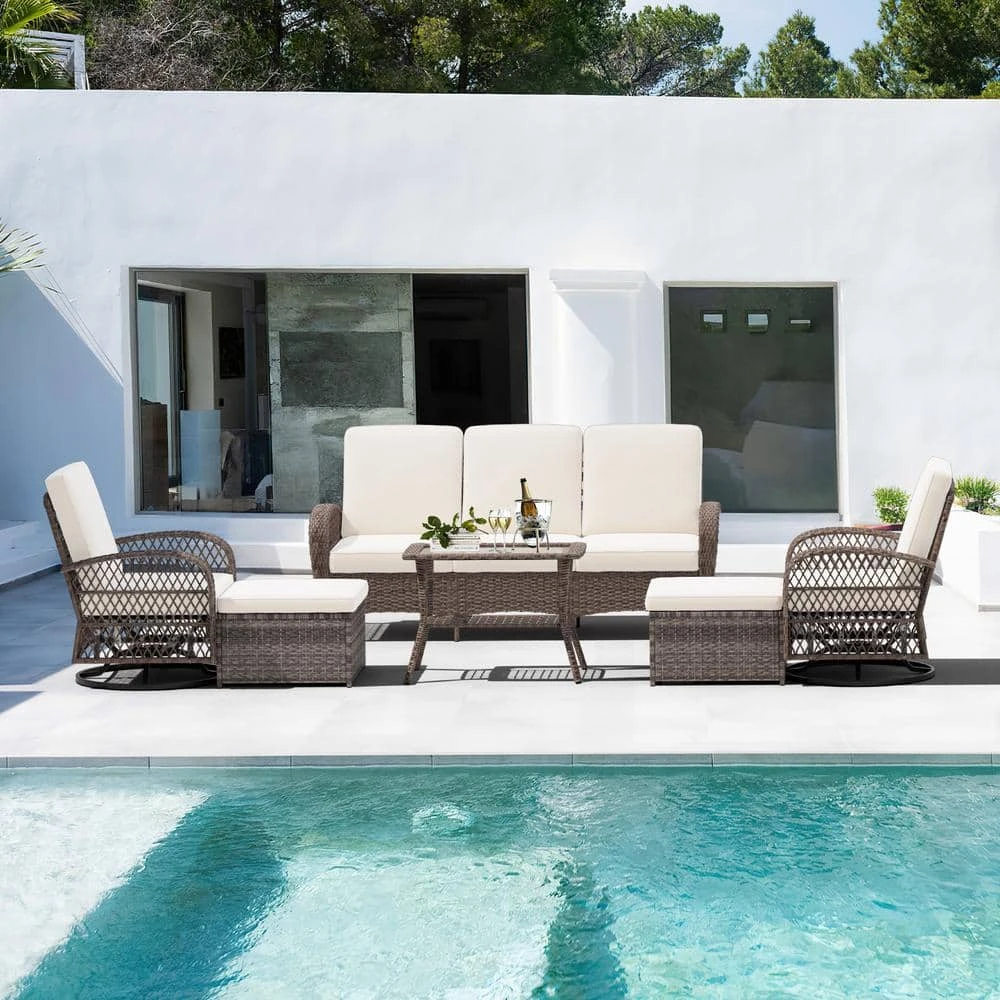 6-Piece Wicker Patio Conversation Set With Creamy White Cushions 1 6-Piece Wicker Patio Conversation Set With Creamy White Cushions