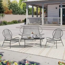 4-Piece Grey Round Rattan Patio Rust-Proof Outdoor Bistro Set