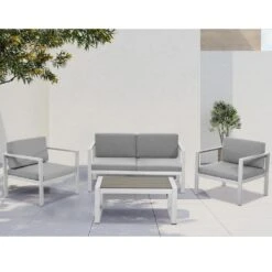 4-Piece Aluminum Patio Conversation Set With Grey Cushions And Coffee Table