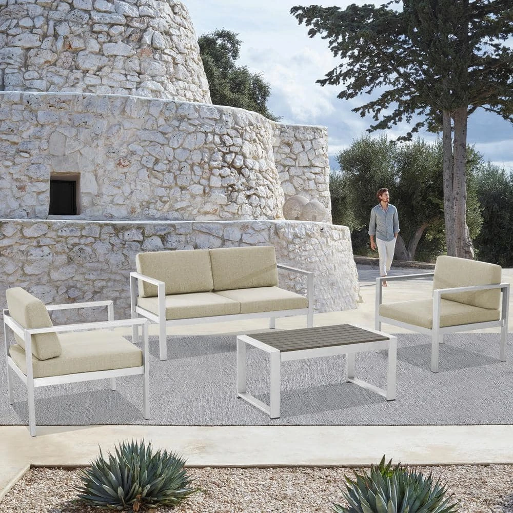 4-Piece Aluminum Patio Conversation Set With Khaki Cushions And Coffee Table 7 4-Piece Aluminum Patio Conversation Set With Khaki Cushions And Coffee Table - Image 7
