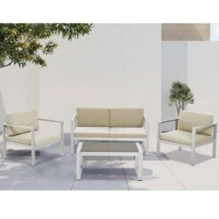 4-Piece Aluminum Patio Conversation Set With Khaki Cushions And Coffee Table