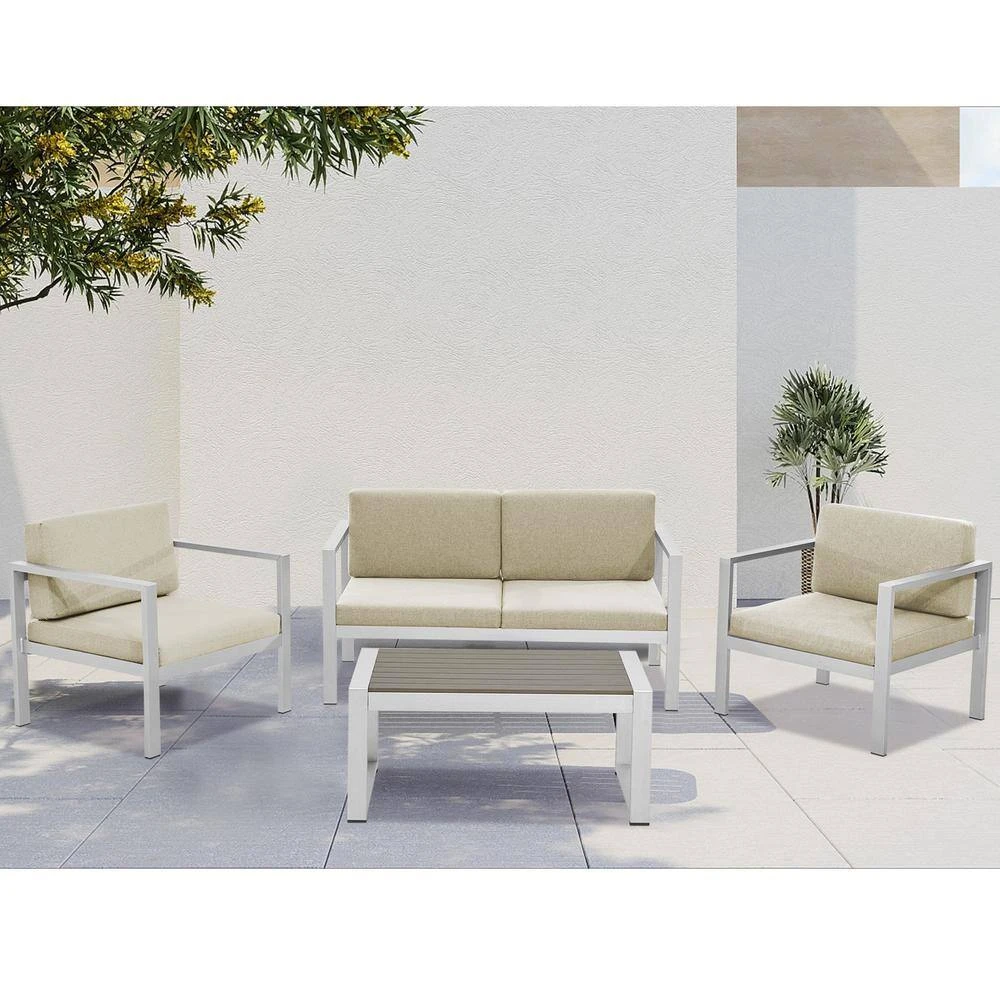 4-Piece Aluminum Patio Conversation Set With Khaki Cushions And Coffee Table 1 4-Piece Aluminum Patio Conversation Set With Khaki Cushions And Coffee Table