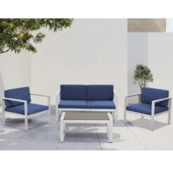 4-Piece Aluminum Patio Conversation Set With Navy Cushions And Coffee Table