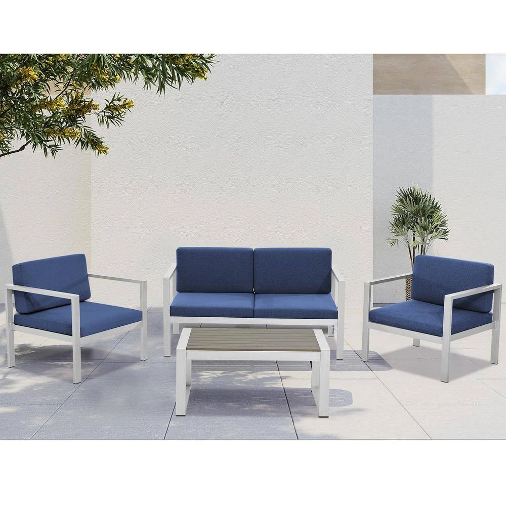4-Piece Aluminum Patio Conversation Set With Navy Blue Cushions 6 4-Piece Aluminum Patio Conversation Set With Navy Blue Cushions - Image 6
