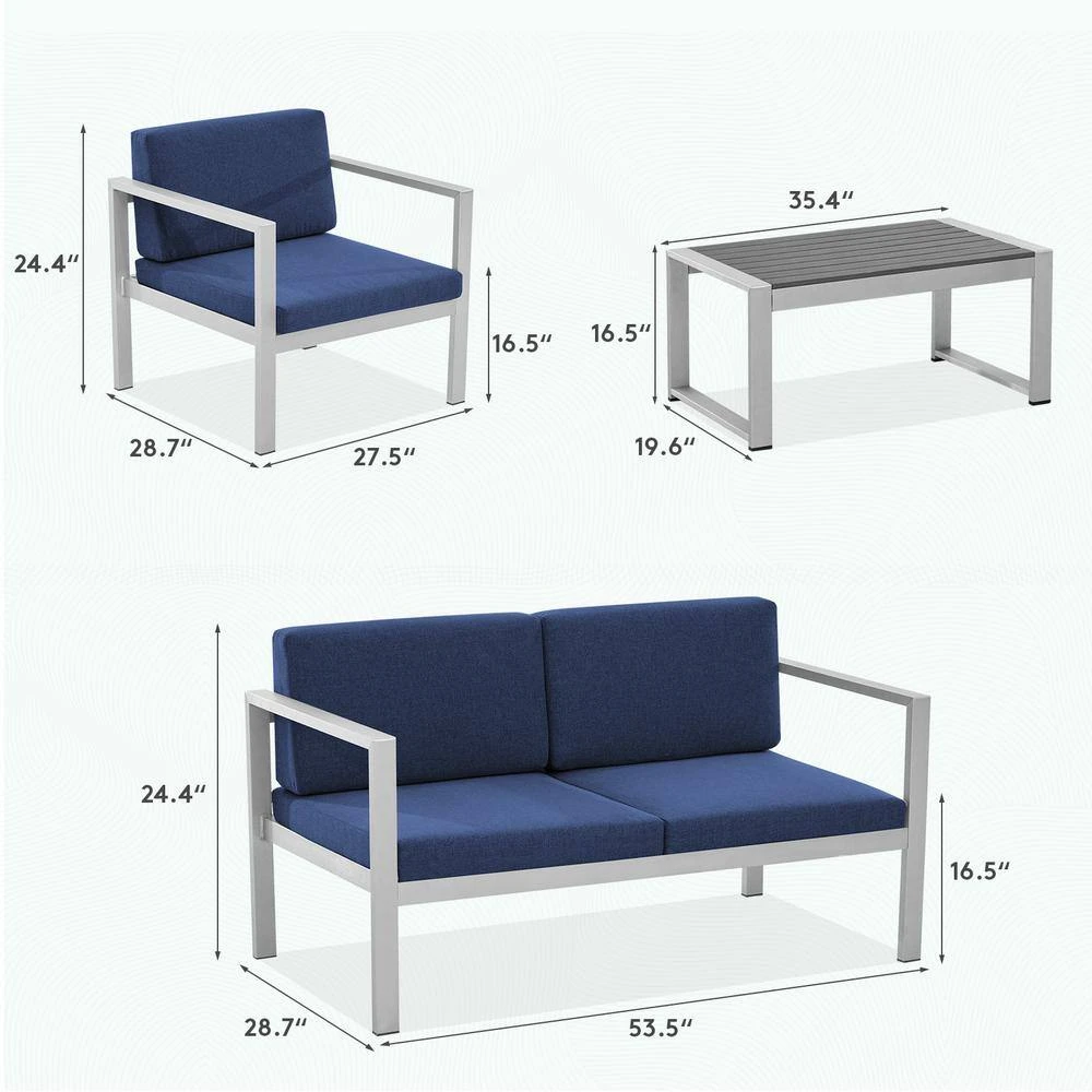 4-Piece Aluminum Patio Conversation Set With Navy Blue Cushions 5 4-Piece Aluminum Patio Conversation Set With Navy Blue Cushions - Image 5