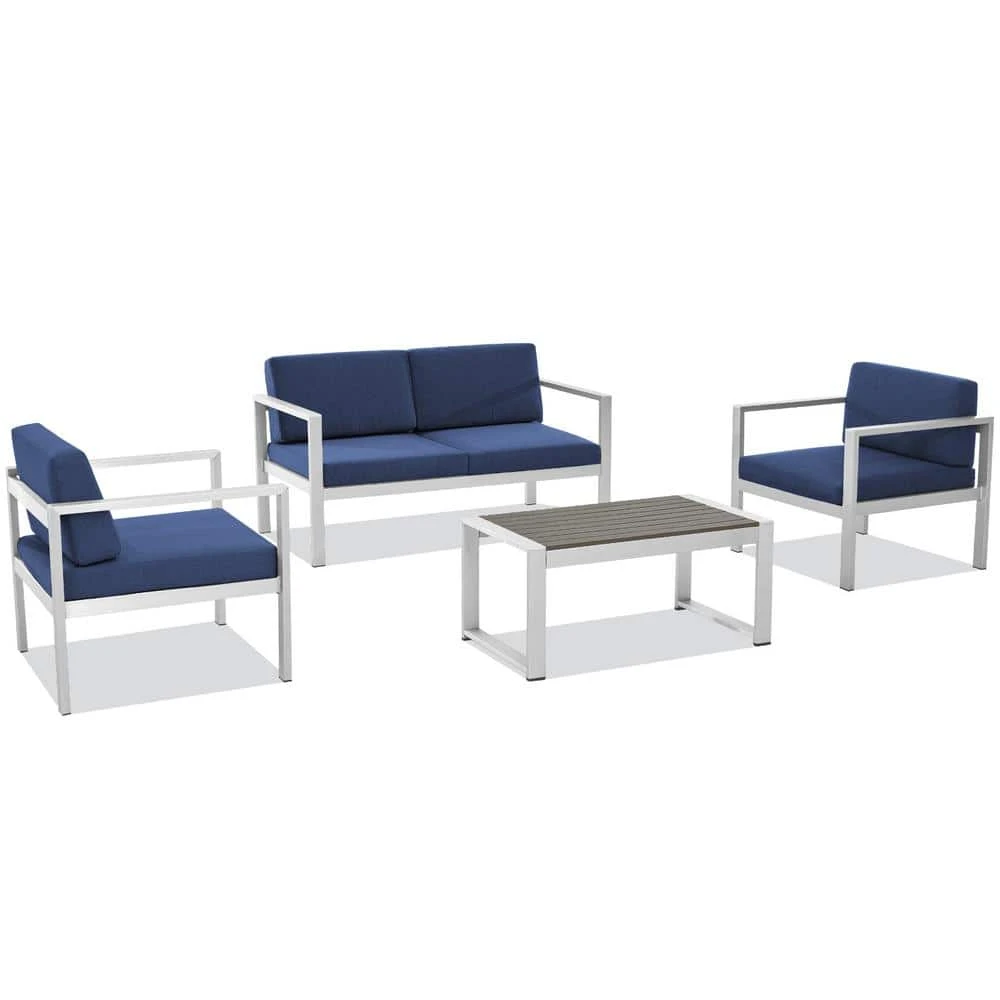 4-Piece Aluminum Patio Conversation Set With Navy Blue Cushions 1 4-Piece Aluminum Patio Conversation Set With Navy Blue Cushions