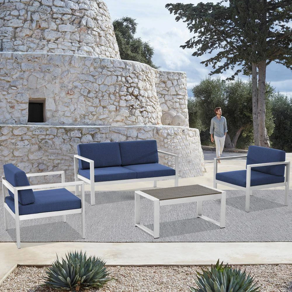 4-Piece Aluminum Patio Conversation Set With Navy Blue Cushions 4 4-Piece Aluminum Patio Conversation Set With Navy Blue Cushions - Image 4