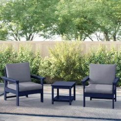 Navy Blue 3-Piece Eco-Friendly HDPE Patio Seating Set Conversation Set With Gray Cushions And Side Table