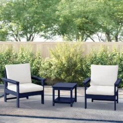 Navy Blue 3-Piece Eco-Friendly HDPE Patio Seating Set Conversation Set With Beige Cushions And Side Table