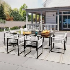 3-Piece Black Metal Rectangular Glass Table Patio Outdoor Dining Set With Rattan Foldable Backrest Chairs (Set Of 3) 15 3-Piece Black Metal Rectangular Glass Table Patio Outdoor Dining Set With Rattan Foldable Backrest Chairs (Set Of 3) -More Furniture Store jearey patio dining sets 3bsdczy 3 black 31 1000