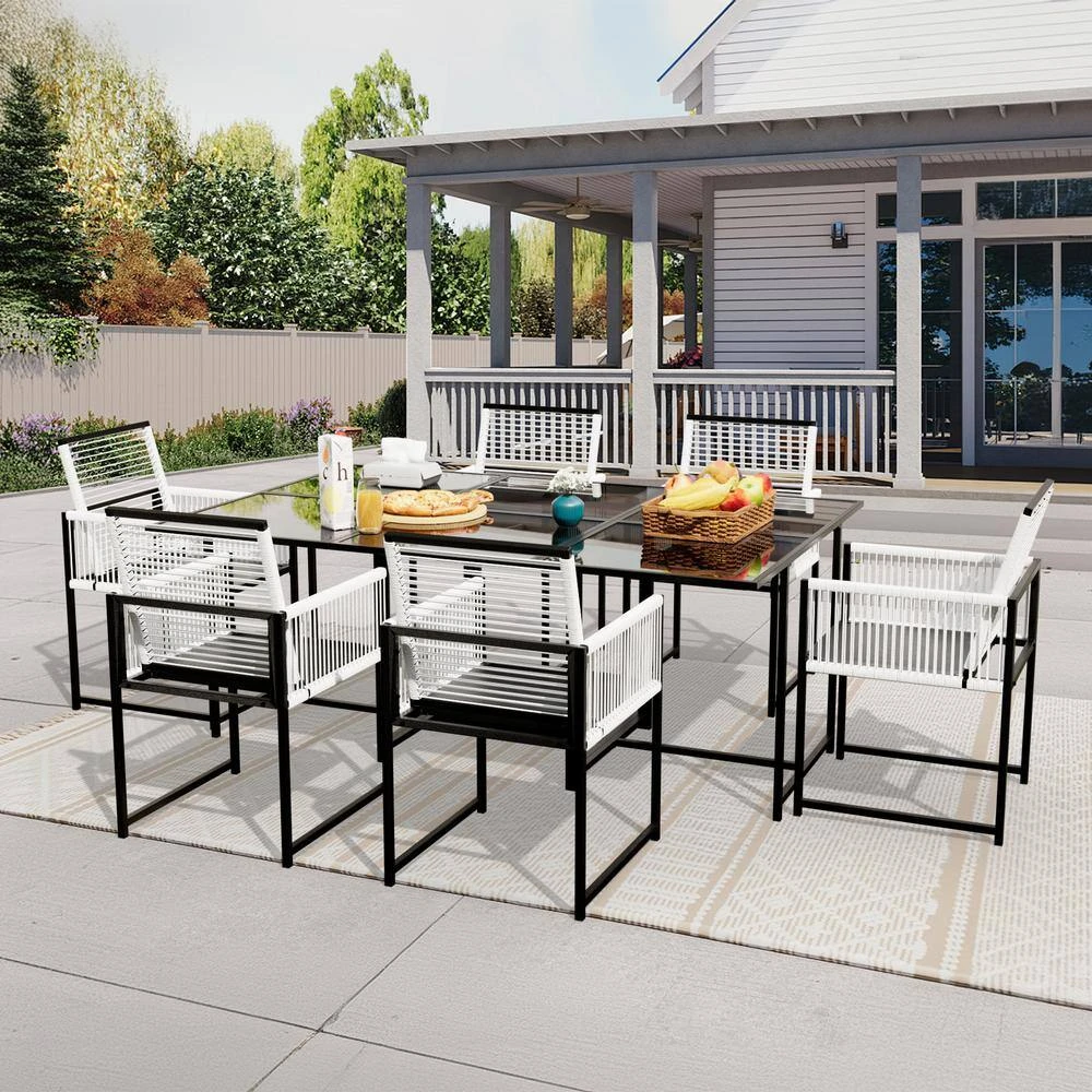 3-Piece Black Metal Rectangular Glass Table Patio Outdoor Dining Set With Rattan Foldable Backrest Chairs (Set Of 3) 8 3-Piece Black Metal Rectangular Glass Table Patio Outdoor Dining Set With Rattan Foldable Backrest Chairs (Set Of 3) - Image 8