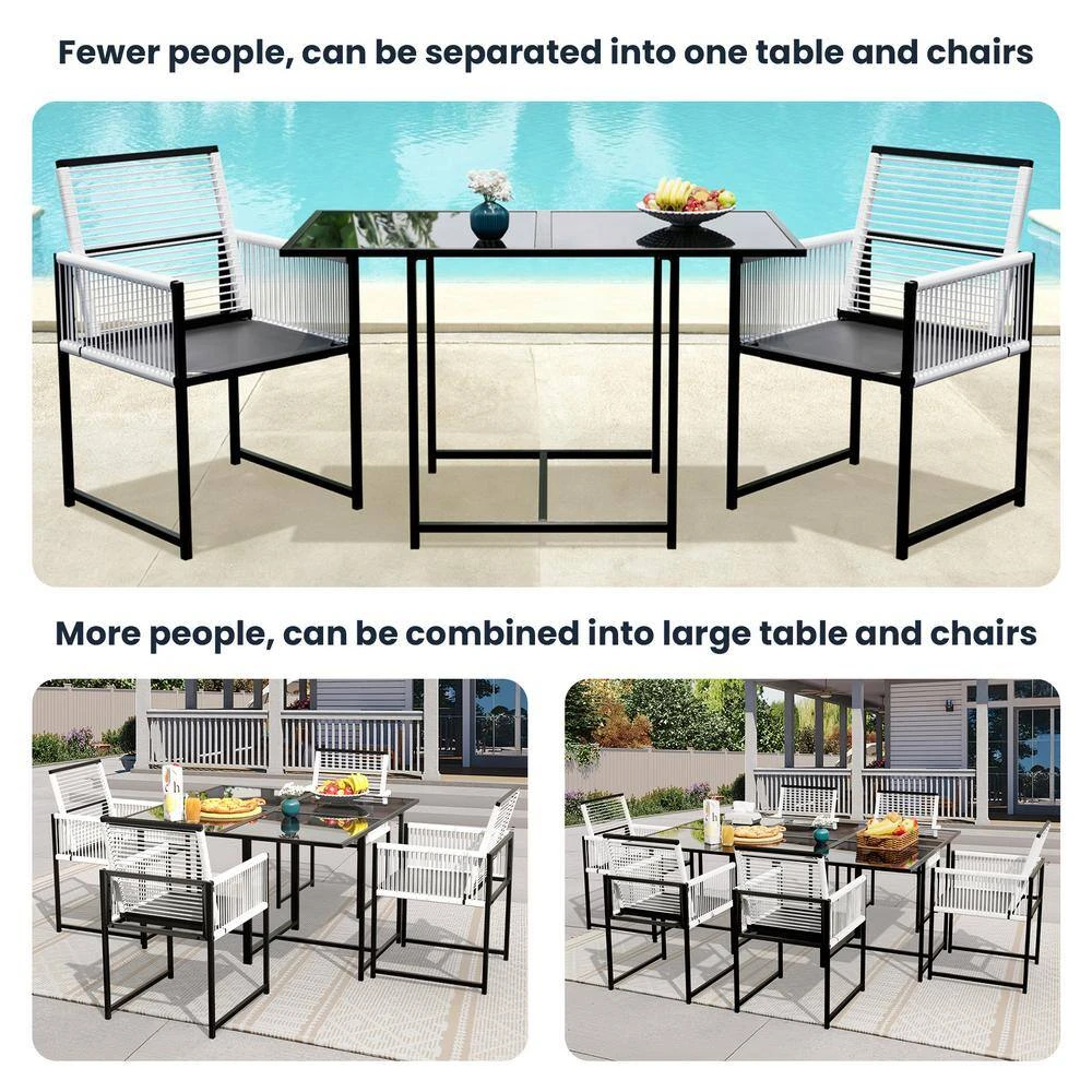 3-Piece Black Metal Rectangular Glass Table Patio Outdoor Dining Set With Rattan Foldable Backrest Chairs (Set Of 3) 3 3-Piece Black Metal Rectangular Glass Table Patio Outdoor Dining Set With Rattan Foldable Backrest Chairs (Set Of 3) - Image 3