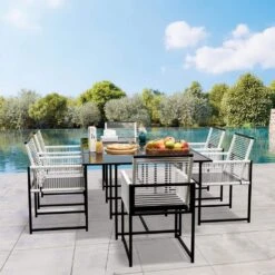 3-Piece Black Metal Rectangular Glass Table Patio Outdoor Dining Set With Rattan Foldable Backrest Chairs (Set Of 3)