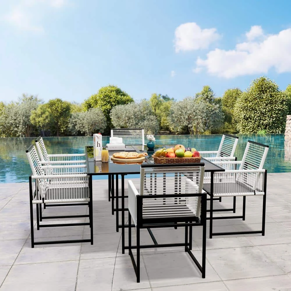 3-Piece Black Metal Rectangular Glass Table Patio Outdoor Dining Set With Rattan Foldable Backrest Chairs (Set Of 3) 1 3-Piece Black Metal Rectangular Glass Table Patio Outdoor Dining Set With Rattan Foldable Backrest Chairs (Set Of 3)
