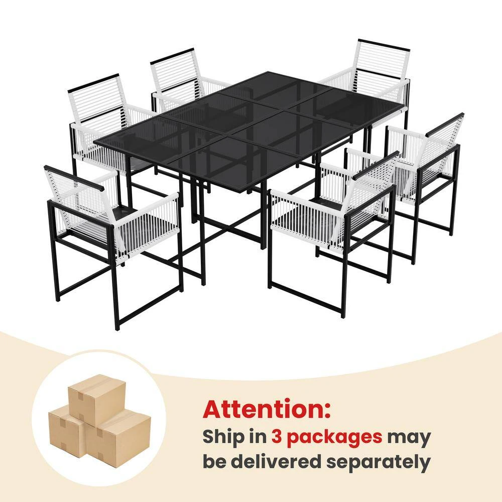 3-Piece Black Metal Rectangular Glass Table Patio Outdoor Dining Set With Rattan Foldable Backrest Chairs (Set Of 3) 7 3-Piece Black Metal Rectangular Glass Table Patio Outdoor Dining Set With Rattan Foldable Backrest Chairs (Set Of 3) - Image 7