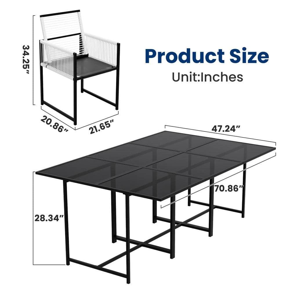 3-Piece Black Metal Rectangular Glass Table Patio Outdoor Dining Set With Rattan Foldable Backrest Chairs (Set Of 3) 6 3-Piece Black Metal Rectangular Glass Table Patio Outdoor Dining Set With Rattan Foldable Backrest Chairs (Set Of 3) - Image 6