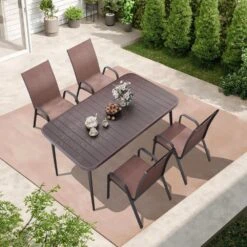 Patio Brown Outdoor Dining Table Sets 5-Piece, One Table And 4 Chairs, All Weather Dining Set For Lawn, Garden, Backyard -More Furniture Store jearey patio dining sets set zy brown 76 1000
