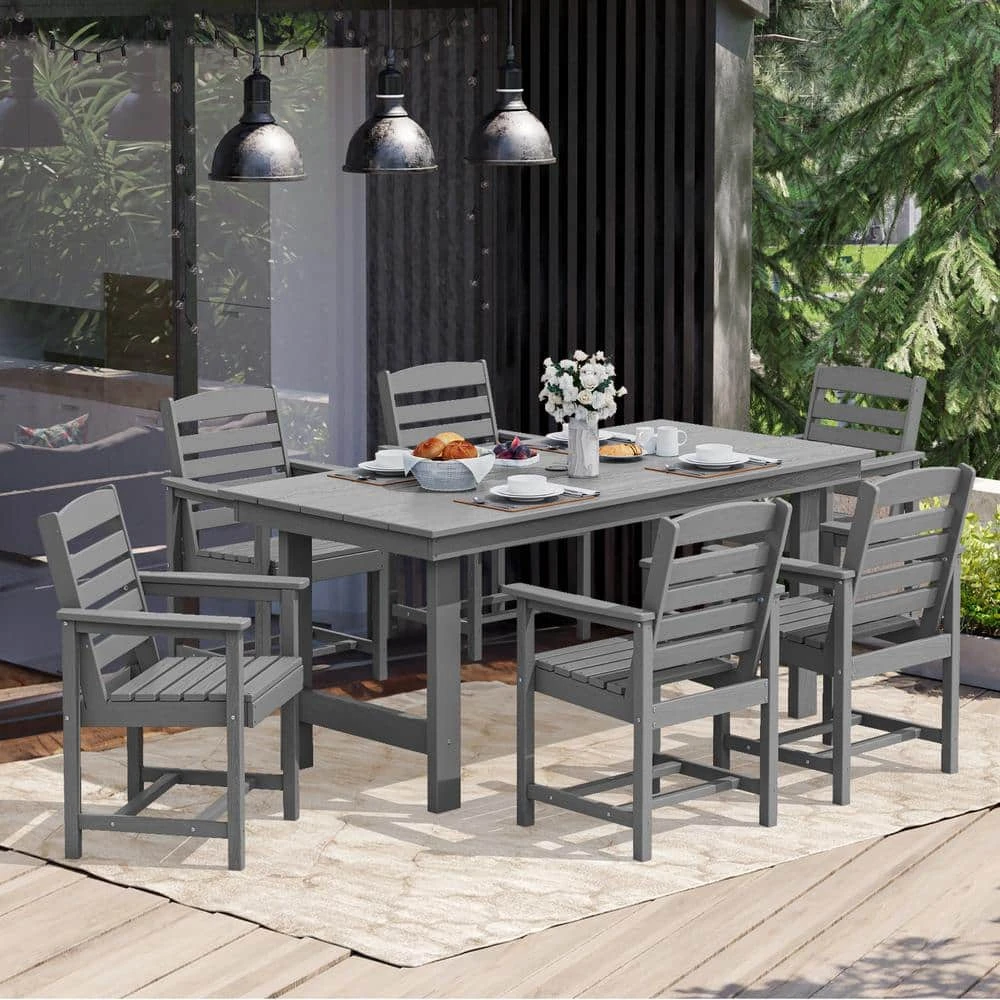 PEHD 7-Piece Plastic Rectangle Standard Height Outdoor Dining Set, Gray 1 PEHD 7-Piece Plastic Rectangle Standard Height Outdoor Dining Set, Gray