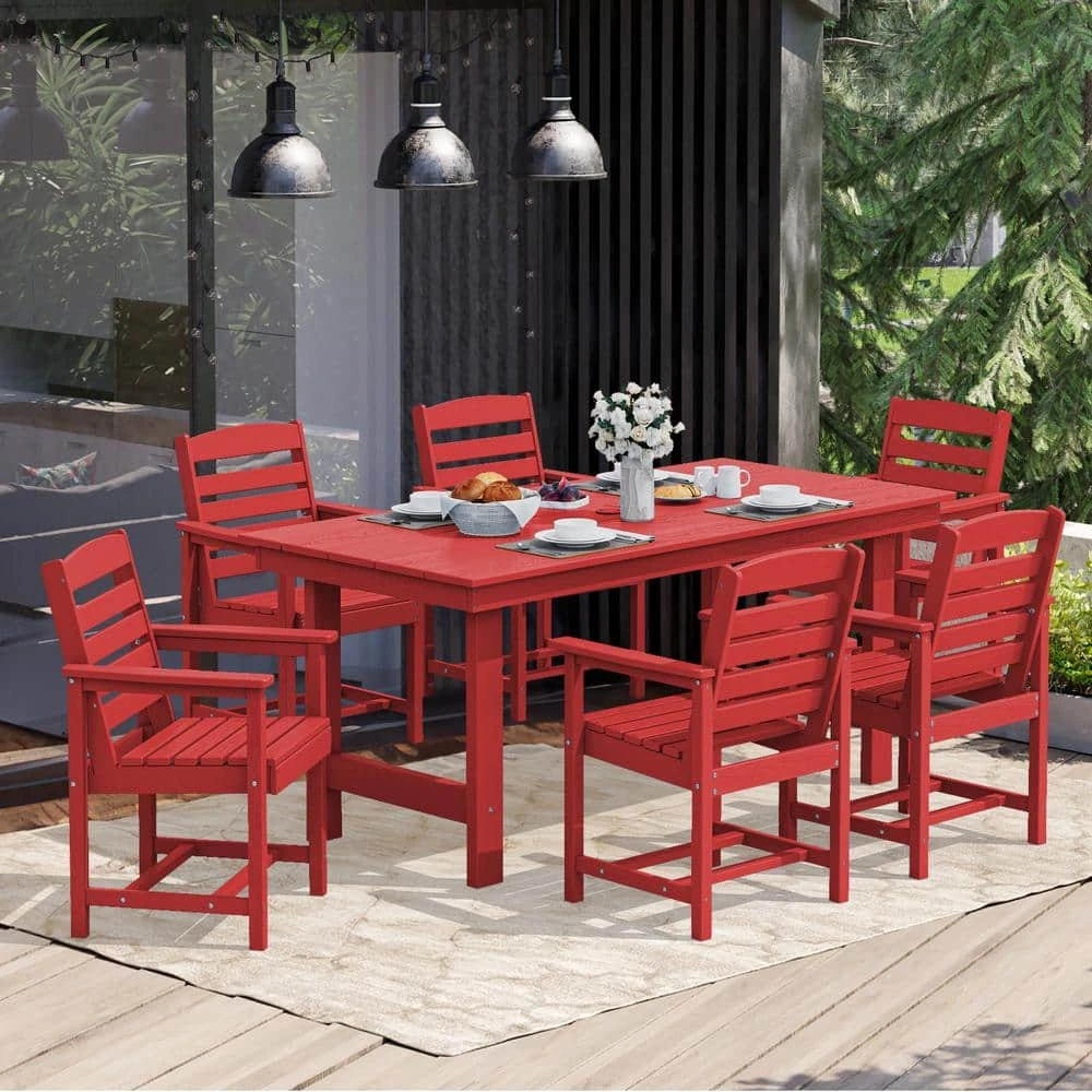 PEHD 7-Piece Plastic Rectangle Standard Height Outdoor Dining Set, Pink 1 PEHD 7-Piece Plastic Rectangle Standard Height Outdoor Dining Set, Pink