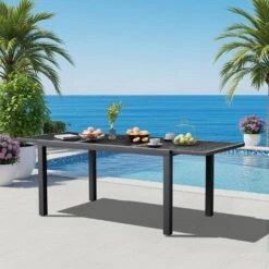 Black HDPE Rectangle Aluminum Frame Standard Height Outdoor Dining Table With Extension
