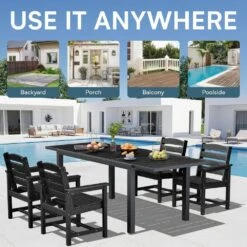 Black HDPE Rectangle Aluminum Frame Standard Height Outdoor Dining Table With Extension -More Furniture Store jearey patio dining tables jysscz black fa 1000