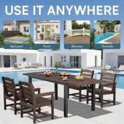 Brown HDPE Rectangle Aluminum Frame Standard Height Outdoor Dining Table With Extension -More Furniture Store jearey patio dining tables jysscz brown fa 1000