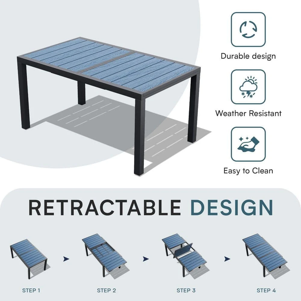 Navy HDPE Rectangle Aluminum Frame Standard Height Outdoor Dining Table With Extension 4 Navy HDPE Rectangle Aluminum Frame Standard Height Outdoor Dining Table With Extension - Image 4