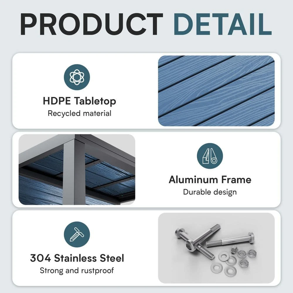 Navy HDPE Rectangle Aluminum Frame Standard Height Outdoor Dining Table With Extension 5 Navy HDPE Rectangle Aluminum Frame Standard Height Outdoor Dining Table With Extension - Image 5