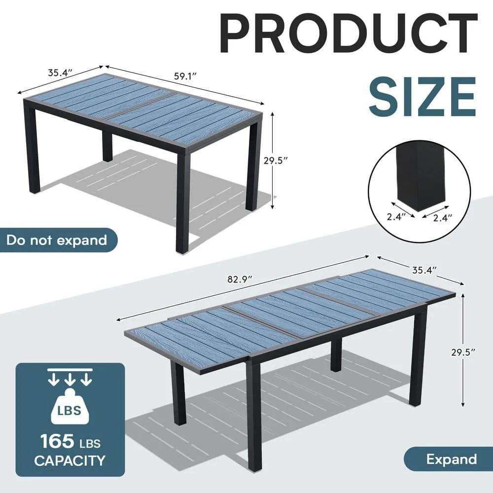 Navy HDPE Rectangle Aluminum Frame Standard Height Outdoor Dining Table With Extension 3 Navy HDPE Rectangle Aluminum Frame Standard Height Outdoor Dining Table With Extension - Image 3