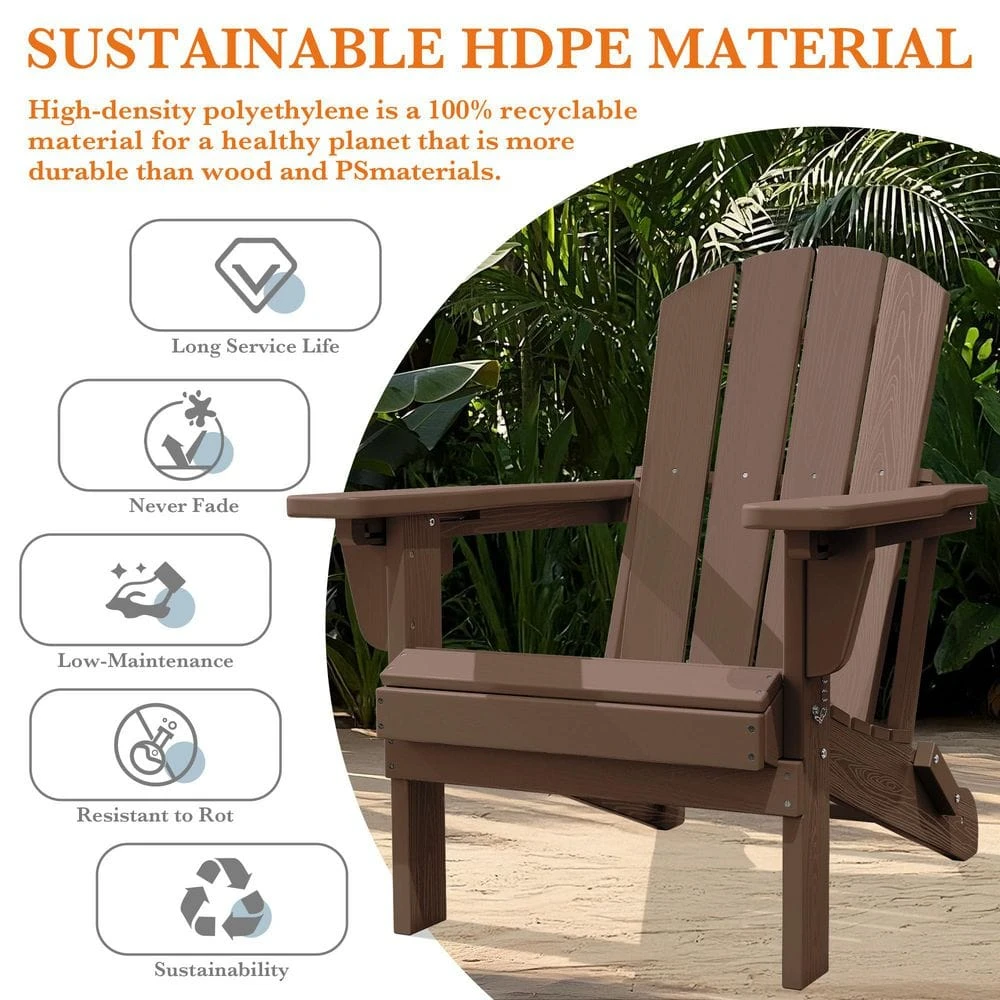 Weather Resistant Plastic HDPE Outdoor Patio Folding Adjustable Adirondack Chair With Cup Holder In Brown 5 Weather Resistant Plastic HDPE Outdoor Patio Folding Adjustable Adirondack Chair With Cup Holder In Brown - Image 5
