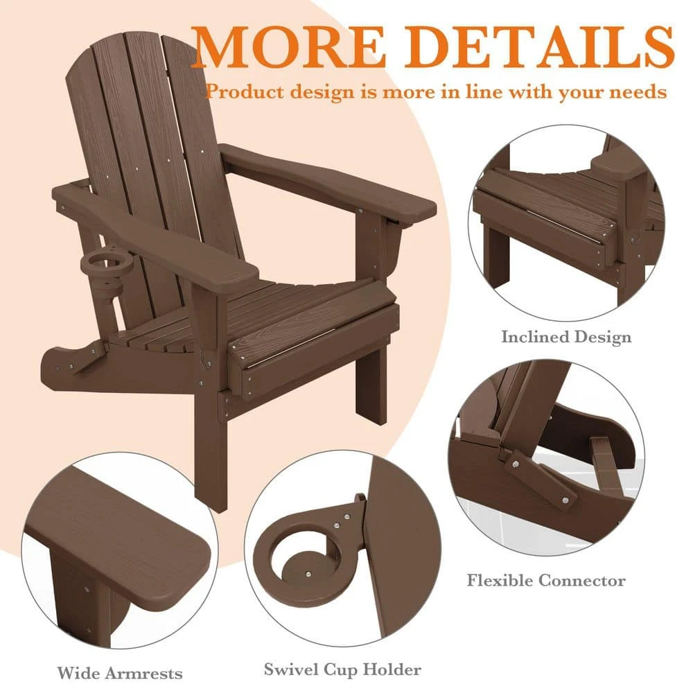 Weather Resistant Plastic HDPE Outdoor Patio Folding Adjustable Adirondack Chair With Cup Holder In Brown 6 Weather Resistant Plastic HDPE Outdoor Patio Folding Adjustable Adirondack Chair With Cup Holder In Brown - Image 6