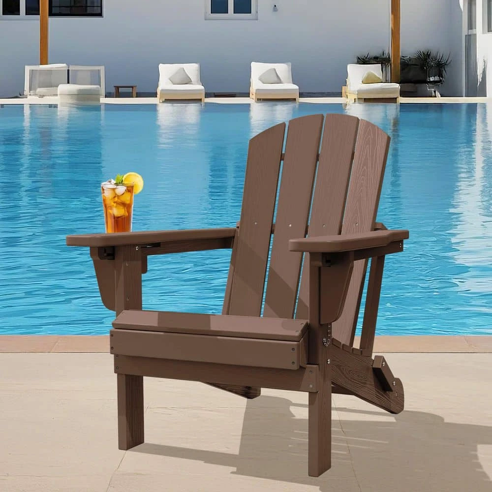 Weather Resistant Plastic HDPE Outdoor Patio Folding Adjustable Adirondack Chair With Cup Holder In Brown 2 Weather Resistant Plastic HDPE Outdoor Patio Folding Adjustable Adirondack Chair With Cup Holder In Brown - Image 2