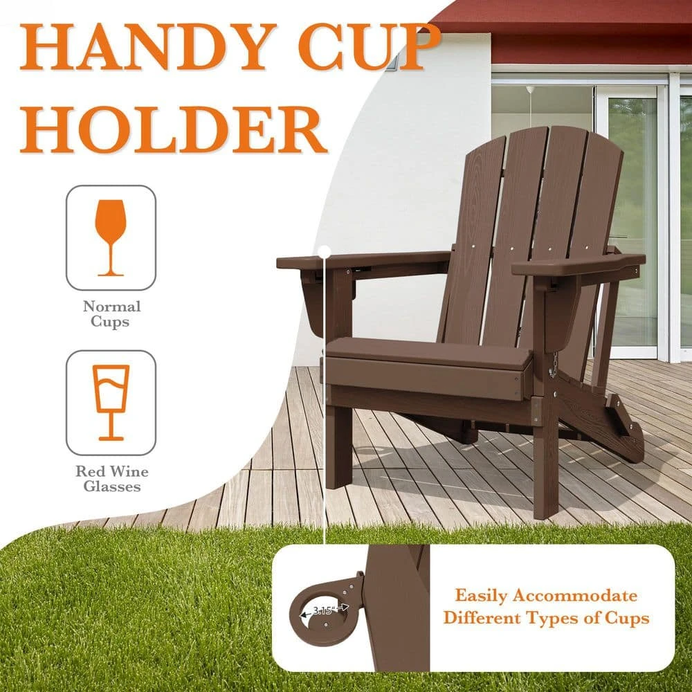 Weather Resistant Plastic HDPE Outdoor Patio Folding Adjustable Adirondack Chair With Cup Holder In Brown 7 Weather Resistant Plastic HDPE Outdoor Patio Folding Adjustable Adirondack Chair With Cup Holder In Brown - Image 7