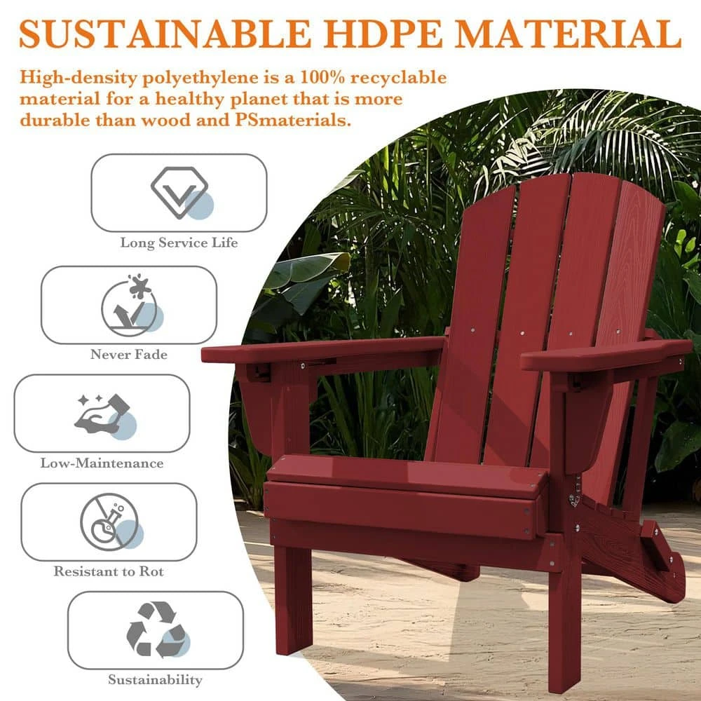 Weather Resistant Plastic HDPE Outdoor Patio Folding Adjustable Adirondack Chair With Cup Holder In Dark Red 5 Weather Resistant Plastic HDPE Outdoor Patio Folding Adjustable Adirondack Chair With Cup Holder In Dark Red - Image 5