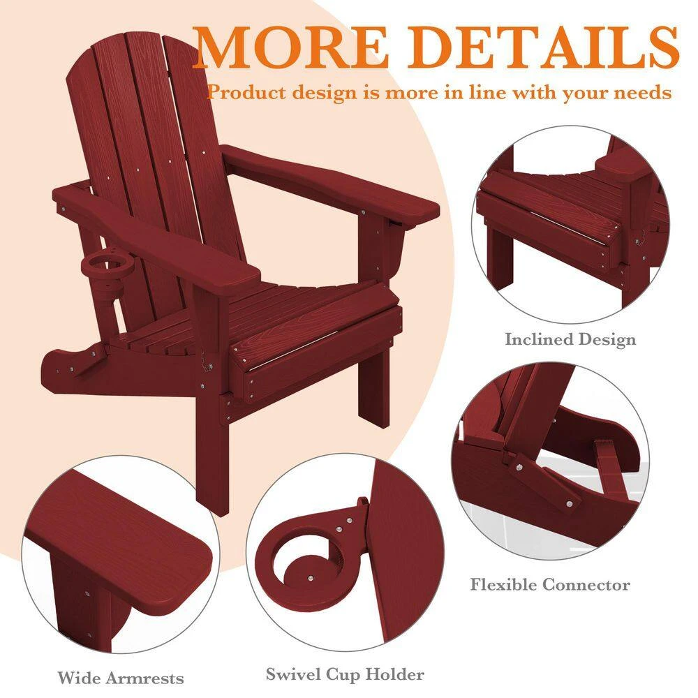 Weather Resistant Plastic HDPE Outdoor Patio Folding Adjustable Adirondack Chair With Cup Holder In Dark Red 6 Weather Resistant Plastic HDPE Outdoor Patio Folding Adjustable Adirondack Chair With Cup Holder In Dark Red - Image 6