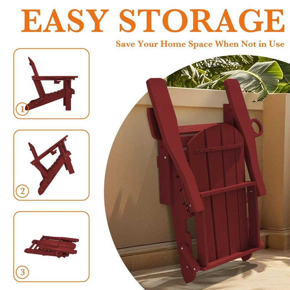 Weather Resistant Plastic HDPE Outdoor Patio Folding Adjustable Adirondack Chair With Cup Holder In Dark Red 4 Weather Resistant Plastic HDPE Outdoor Patio Folding Adjustable Adirondack Chair With Cup Holder In Dark Red - Image 4