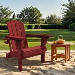 Weather Resistant Plastic HDPE Outdoor Patio Folding Adjustable Adirondack Chair With Cup Holder In Dark Red