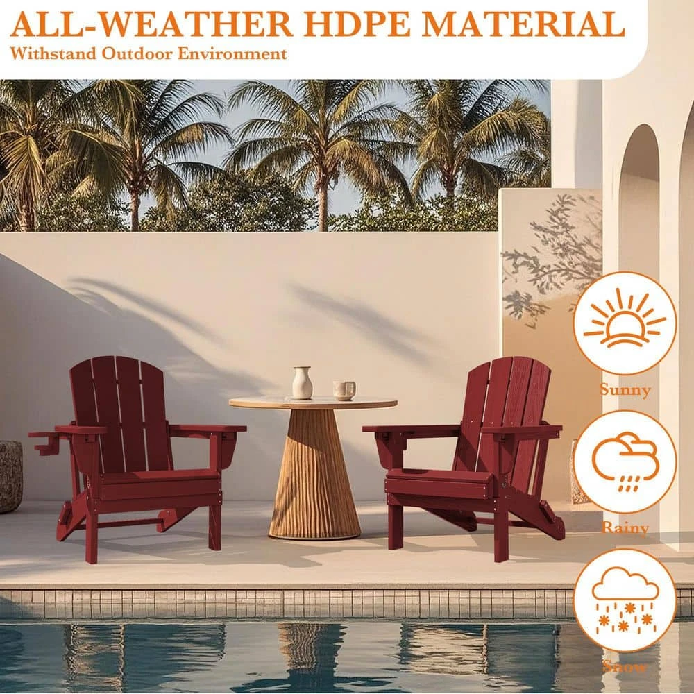 Weather Resistant Plastic HDPE Outdoor Patio Folding Adjustable Adirondack Chair With Cup Holder In Dark Red 8 Weather Resistant Plastic HDPE Outdoor Patio Folding Adjustable Adirondack Chair With Cup Holder In Dark Red - Image 8