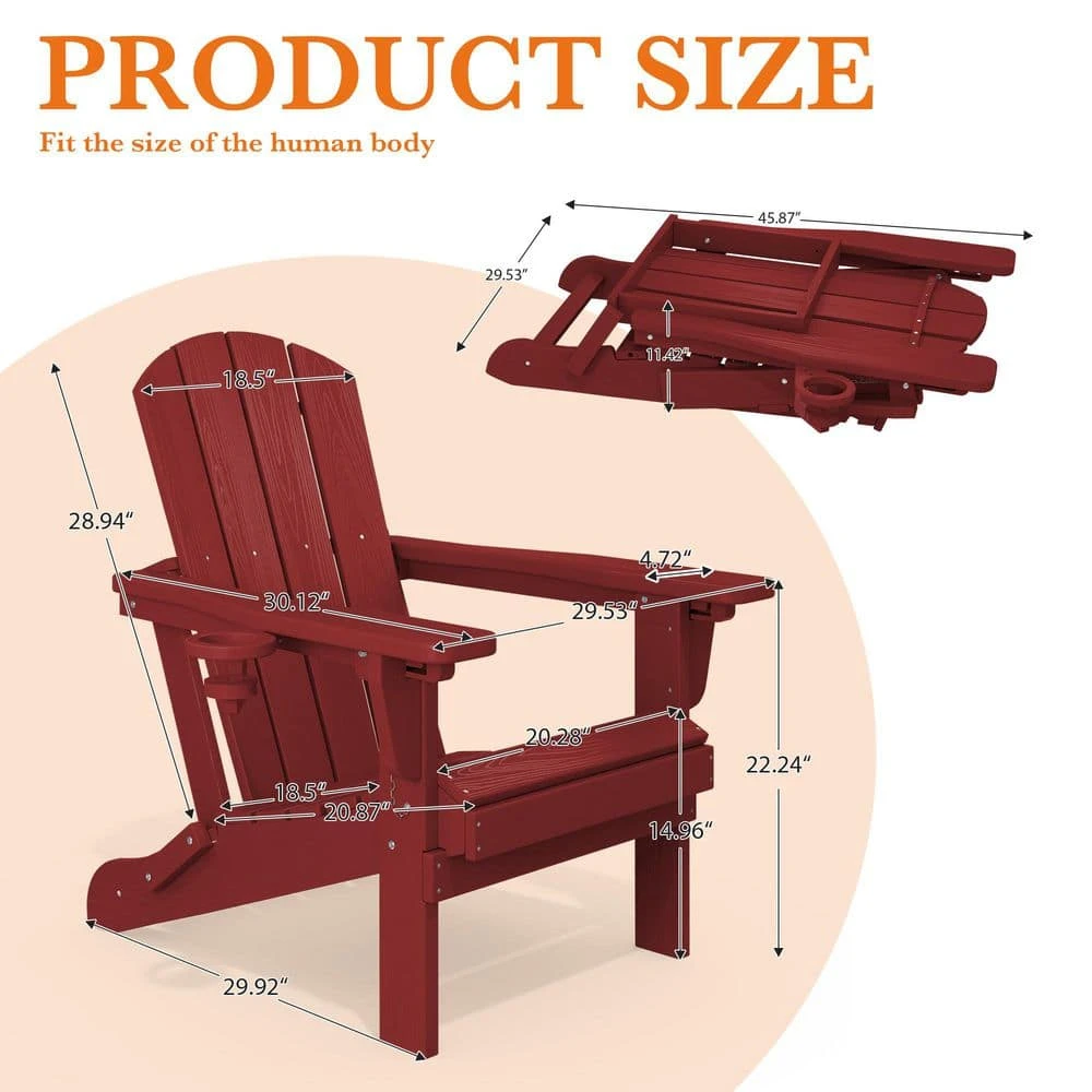 Weather Resistant Plastic HDPE Outdoor Patio Folding Adjustable Adirondack Chair With Cup Holder In Dark Red 3 Weather Resistant Plastic HDPE Outdoor Patio Folding Adjustable Adirondack Chair With Cup Holder In Dark Red - Image 3