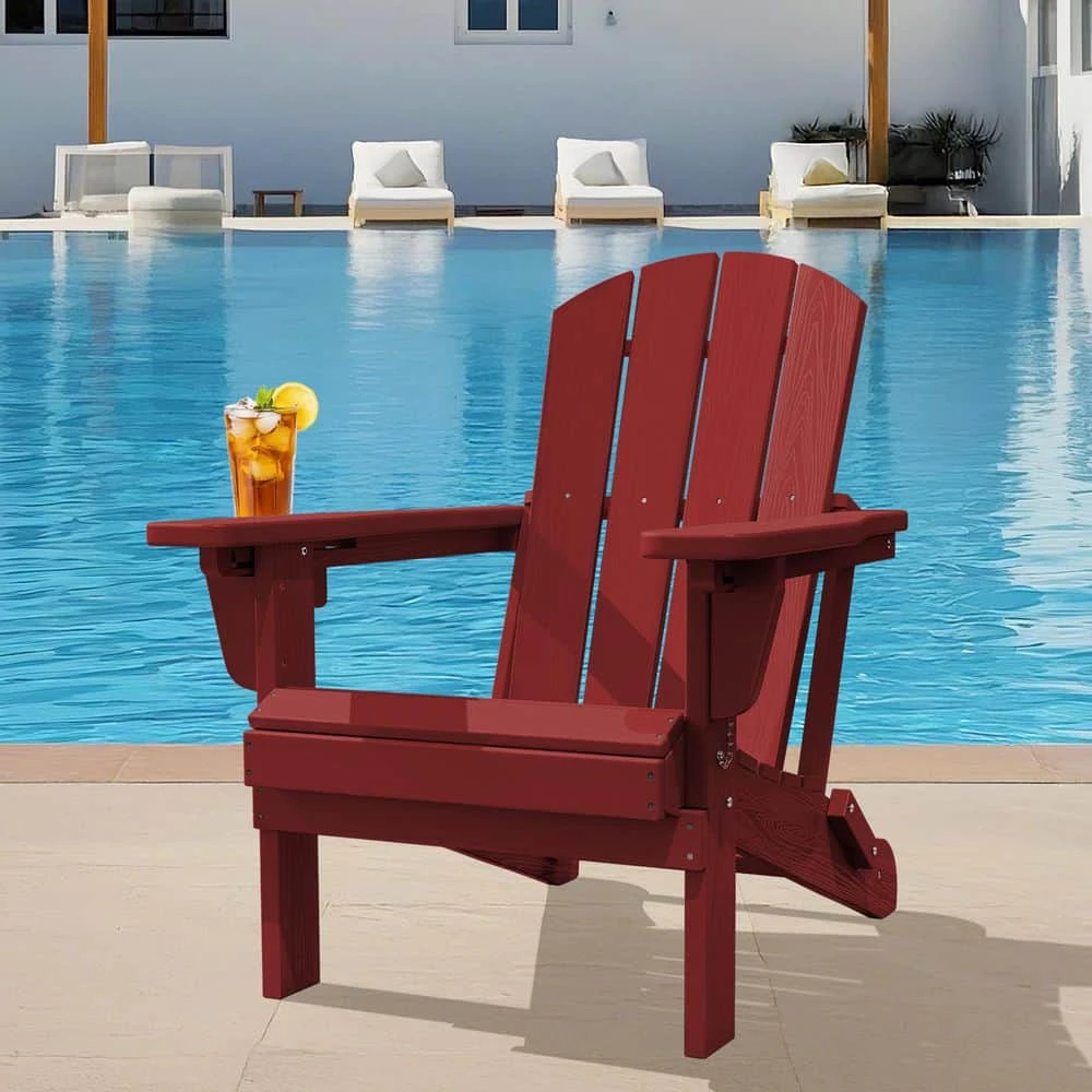 Weather Resistant Plastic HDPE Outdoor Patio Folding Adjustable Adirondack Chair With Cup Holder In Dark Red 2 Weather Resistant Plastic HDPE Outdoor Patio Folding Adjustable Adirondack Chair With Cup Holder In Dark Red - Image 2