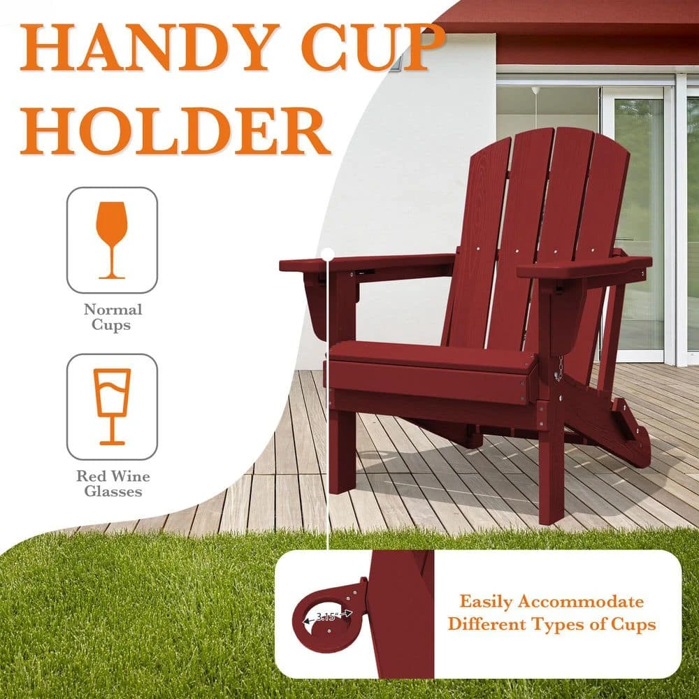 Weather Resistant Plastic HDPE Outdoor Patio Folding Adjustable Adirondack Chair With Cup Holder In Dark Red 7 Weather Resistant Plastic HDPE Outdoor Patio Folding Adjustable Adirondack Chair With Cup Holder In Dark Red - Image 7
