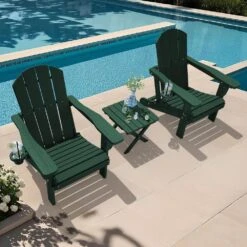 Weather Resistant Plastic HDPE Outdoor Patio Folding Adjustable Adirondack Chair With Cup Holder In Dark Green -More Furniture Store jearey plastic adirondack chairs cgtjy darkg 31 1000